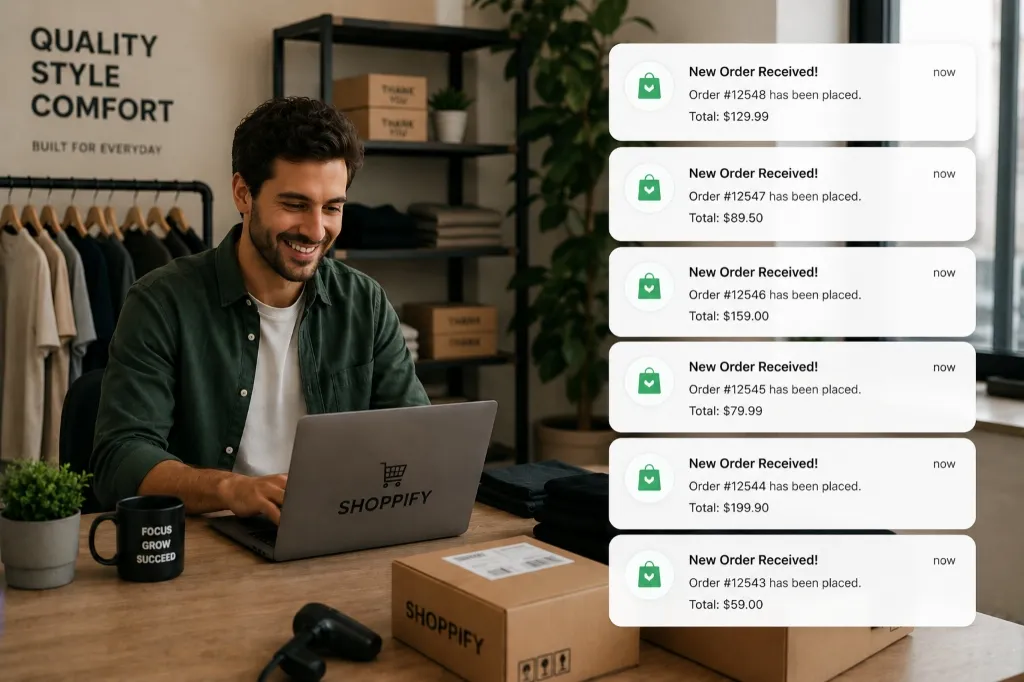 Shoppify e-commerce dashboard showing new order notifications
