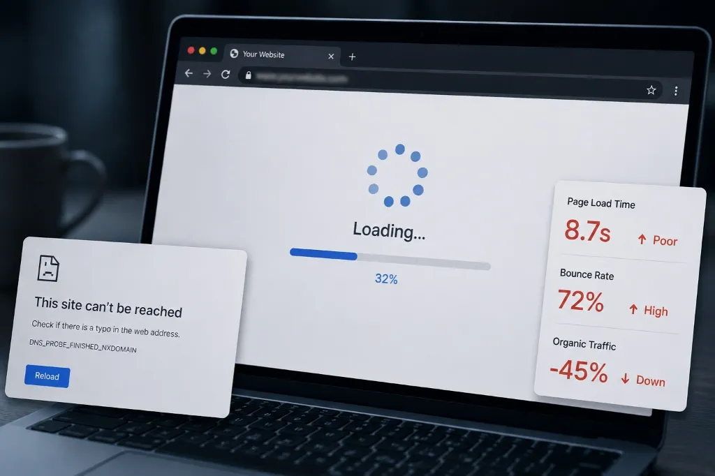 Website performance issues showing slow load times and technical SEO errors